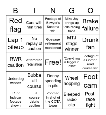 Cup @ COTA Bingo Card