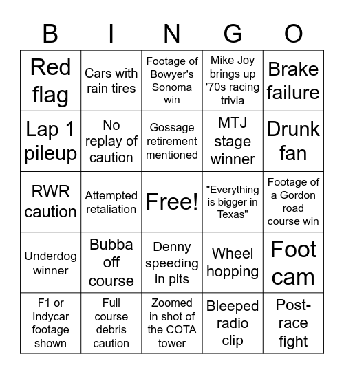 Cup @ COTA Bingo Card