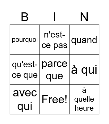 Interrogatives in French Bingo Card