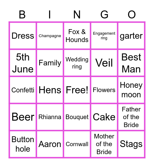 Rhianna's Hen Do Bingo Card