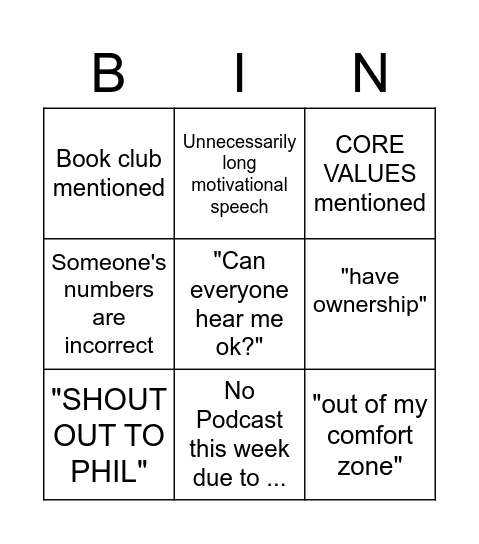 Monday Meeting Bingo Card