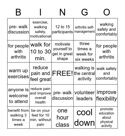 Walk with Ease  Bingo Card