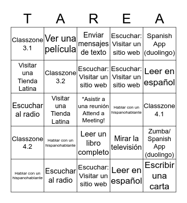 Español 1 Bingo Card