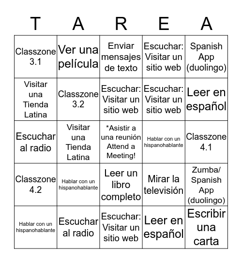 Español 1 Bingo Card