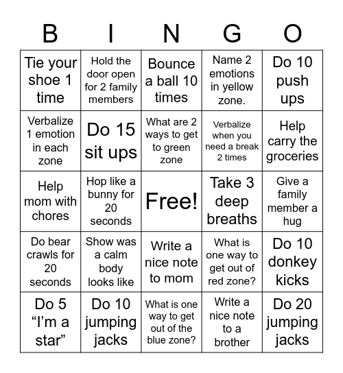 Sensory Bingo Card