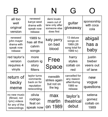 Taylor Swift Bingo Card