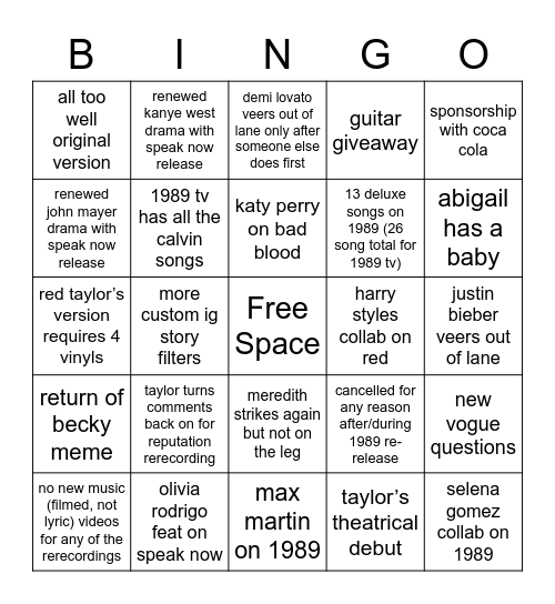 Taylor Swift Bingo Card