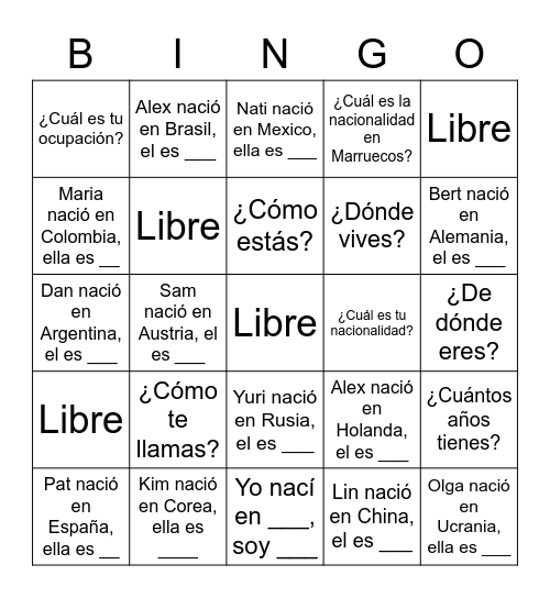 Introducción y Nacionalidades Bingo Card