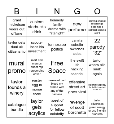 Taylor Swift Bingo Card