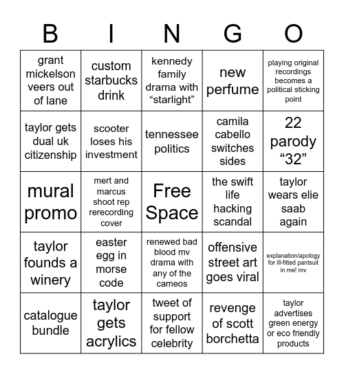 Taylor Swift Bingo Card