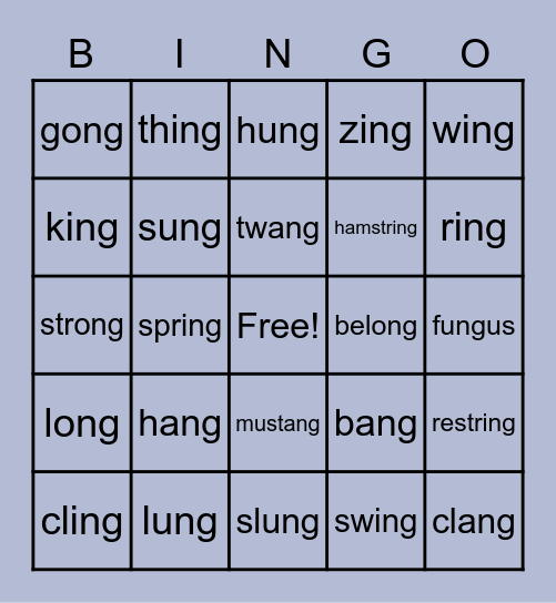 -ng Words Bingo Card
