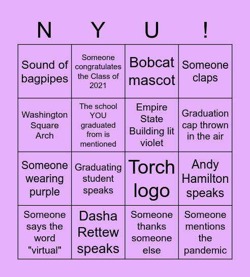 NYU Commencement Bingo Card