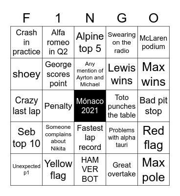 F1 Monaco 2021 Bingo Card