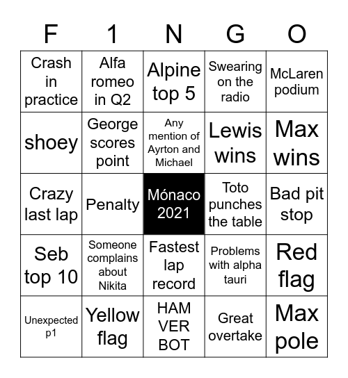 F1 Monaco 2021 Bingo Card