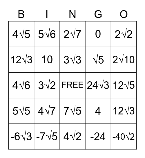Radicals Bingo Card