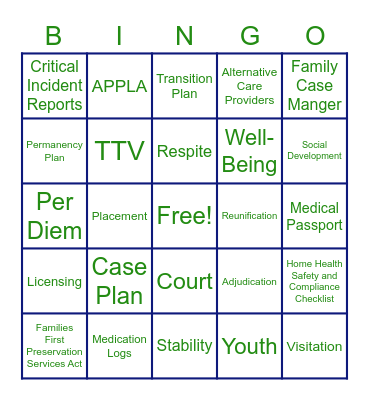 Foster Care Bingo Card