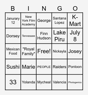 Naya Rivera Bingo Card