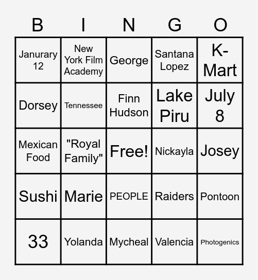 Naya Rivera Bingo Card