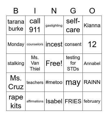 SAFE Bingo Card