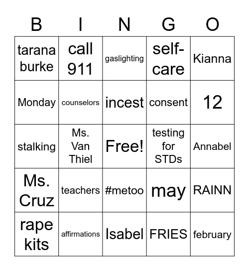 SAFE Bingo Card