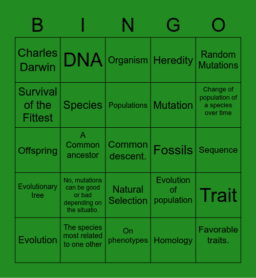 The Original Natural Selection and Evolution Bingo: By Toju, Jack, Aaron, Daniel Bingo Card