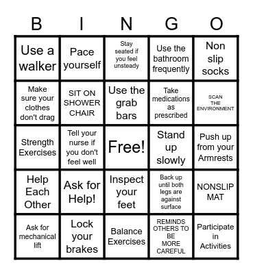 Fall Prevention Bingo Card