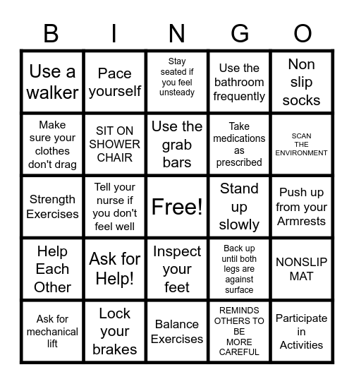 Fall Prevention Bingo Card