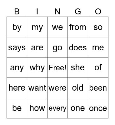 Sight Words Bingo Card