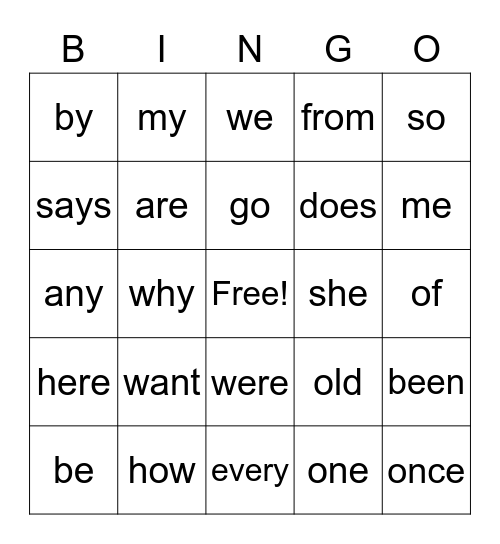 Sight Words Bingo Card