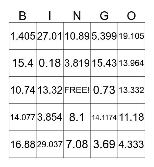 Decimal Addition & Subtraction Bingo Card