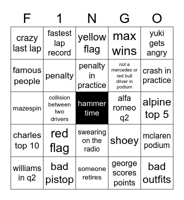 f1NGO Bingo Card