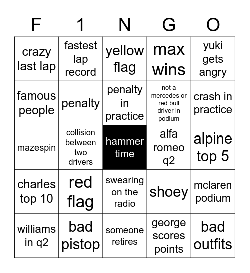 f1NGO Bingo Card