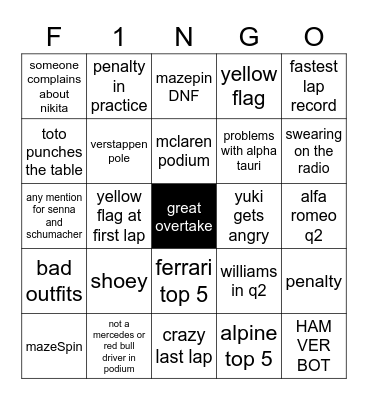 F1NGO Bingo Card