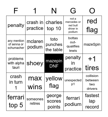 F1NGO Bingo Card