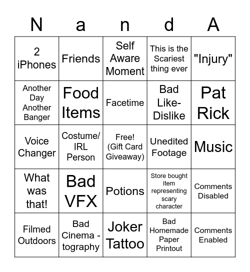 N&A Production Bingo Card