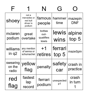 F1NGO Bingo Card