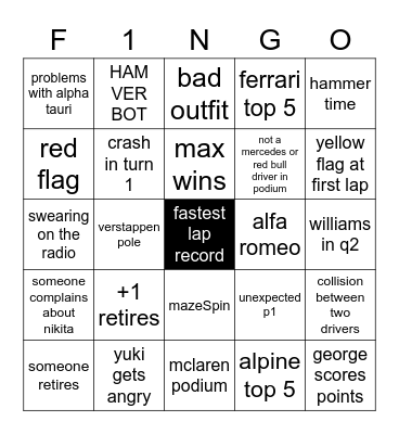 F1NGO Bingo Card