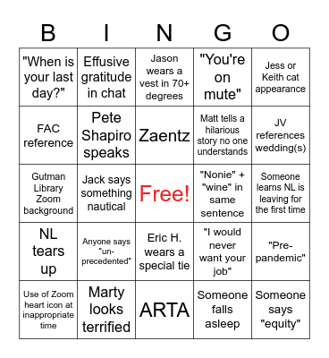 NL Farewell Bingo Card