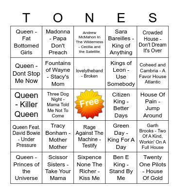 Game Of Tones 5/17/21 Game 1 Bingo Card