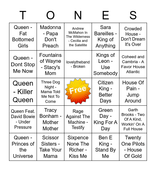 Game Of Tones 5/17/21 Game 1 Bingo Card