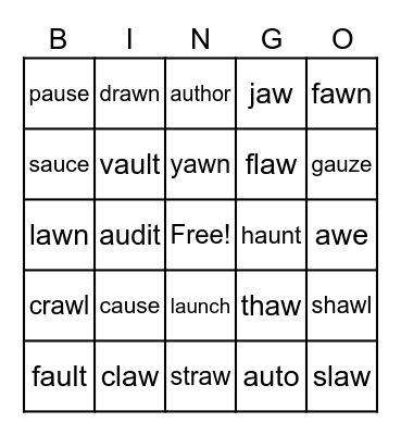 AU AW Words Bingo Card