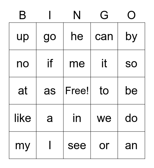 sight words Bingo Card