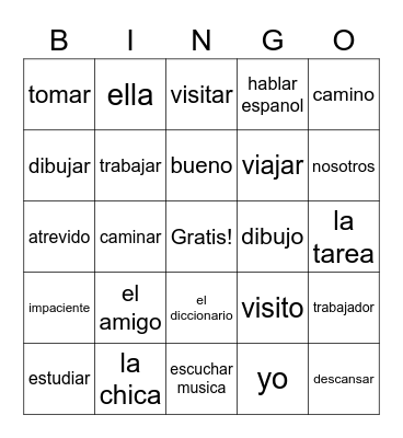 Spa 1 Lec 2b -ar verbs infinitive and "Yo" form Bingo Card