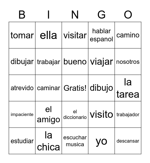 Spa 1 Lec 2b -ar verbs infinitive and "Yo" form Bingo Card