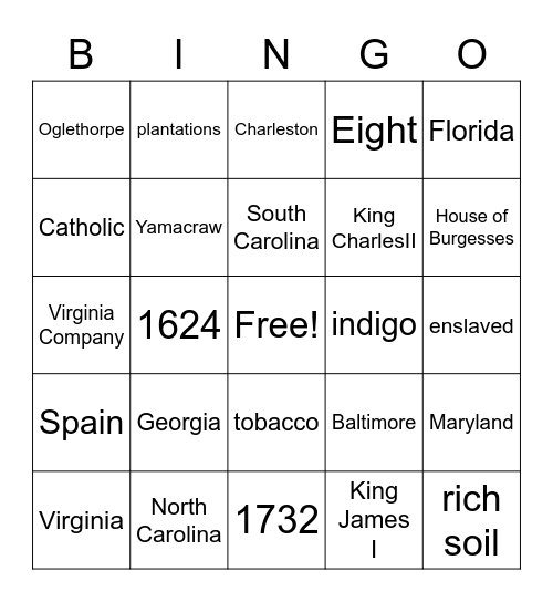 Southern Colonies Bingo Card