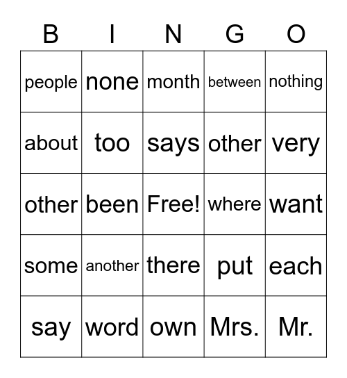 Sight Word Bingo Card