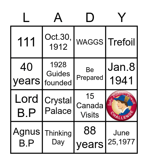 Lady Baden Powell Bingo Card