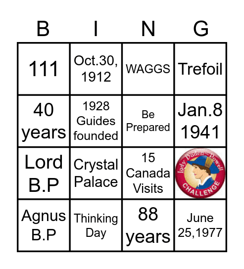 Lady Baden Powell Bingo Card