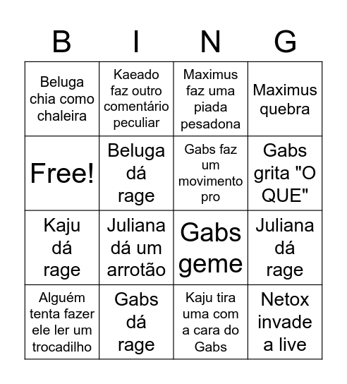 Bingo do Gabs Bingo Card