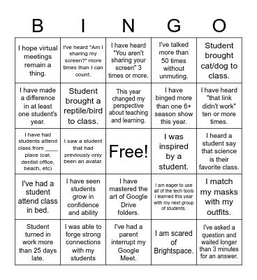 Science Dept. End of Year Bingo Card